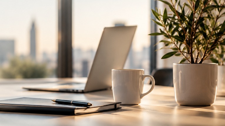 Bright professional desk with laptop, notebook and plant
